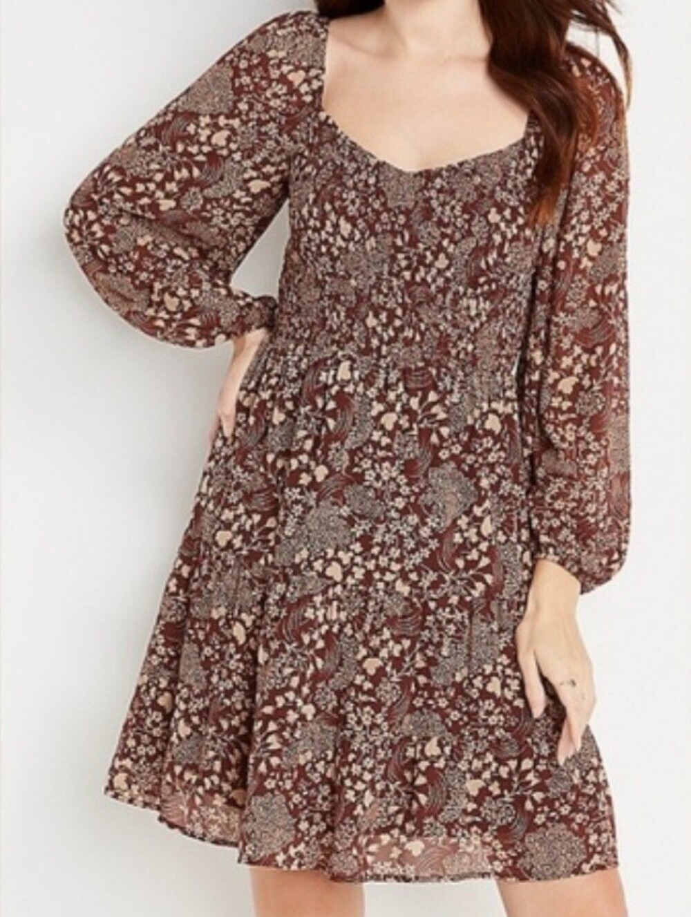 Maurices Floral Smocked Tiered Long Sleeve Dress